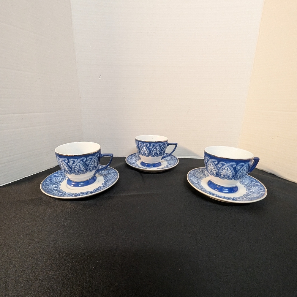 Vintage Bombay Blue and White with Silver Platinum Trim Tea Cup And Saucers Lot